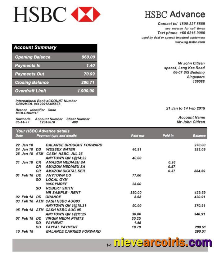 Singapore HSBC bank statement fully editable in PSD format
